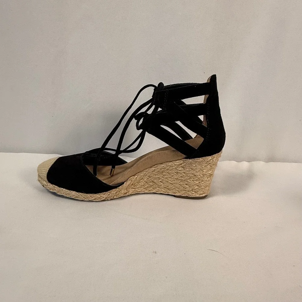 Vionic Calypso Black Suede Espadrille Wedge‎ Sandals Lace Up Cap Toe Women's 7.5